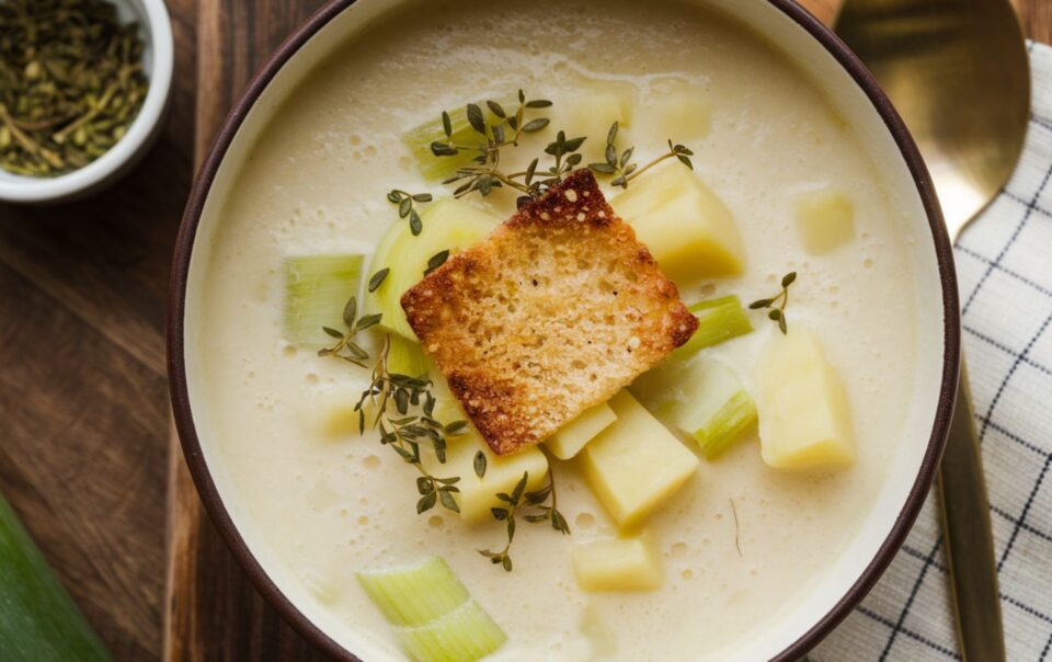 A bowl of creamy Potato Leek Soup garnished with diced potatoes, leeks, a toasted crouton, and fresh thyme sits beside a gold spoon and a checkered napkin on a wooden surface.