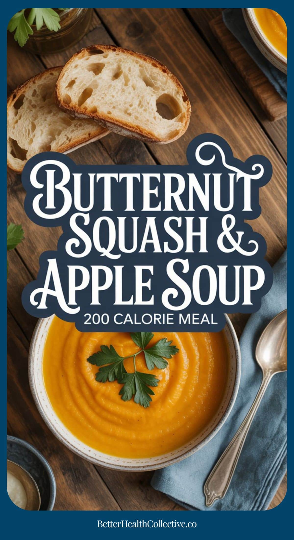 A bowl of creamy Butternut Squash and Apple Soup garnished with parsley sits on a table next to a spoon and rustic bread. Text overlay reads: Butternut Squash & Apple Soup 200 Calorie Meal.