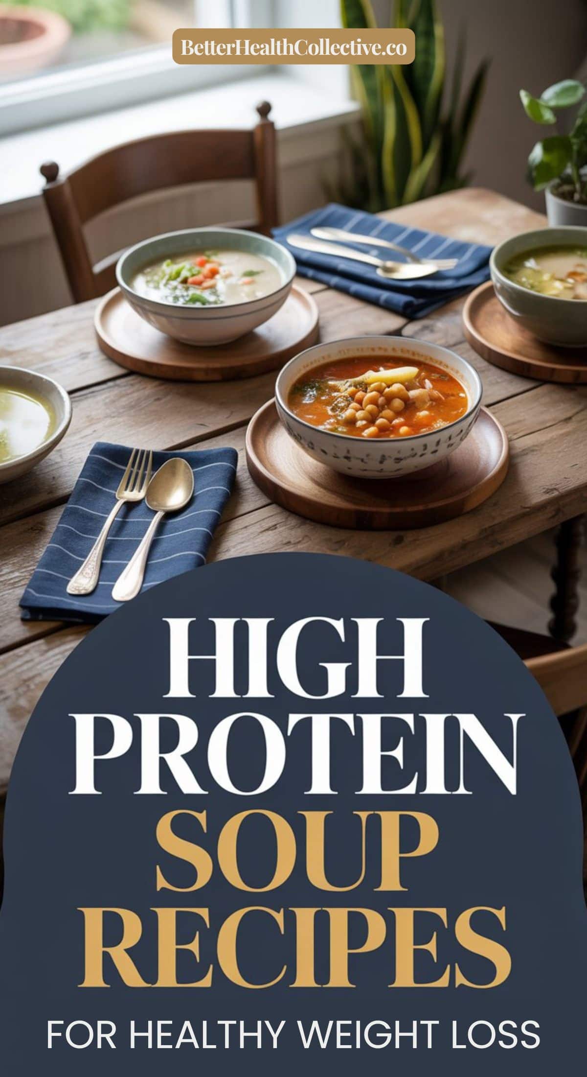 A wooden table set with bowls of various soups, each garnished and placed next to napkins and cutlery. Text overlay reads: Try these high protein soup recipes for healthy weight loss.
