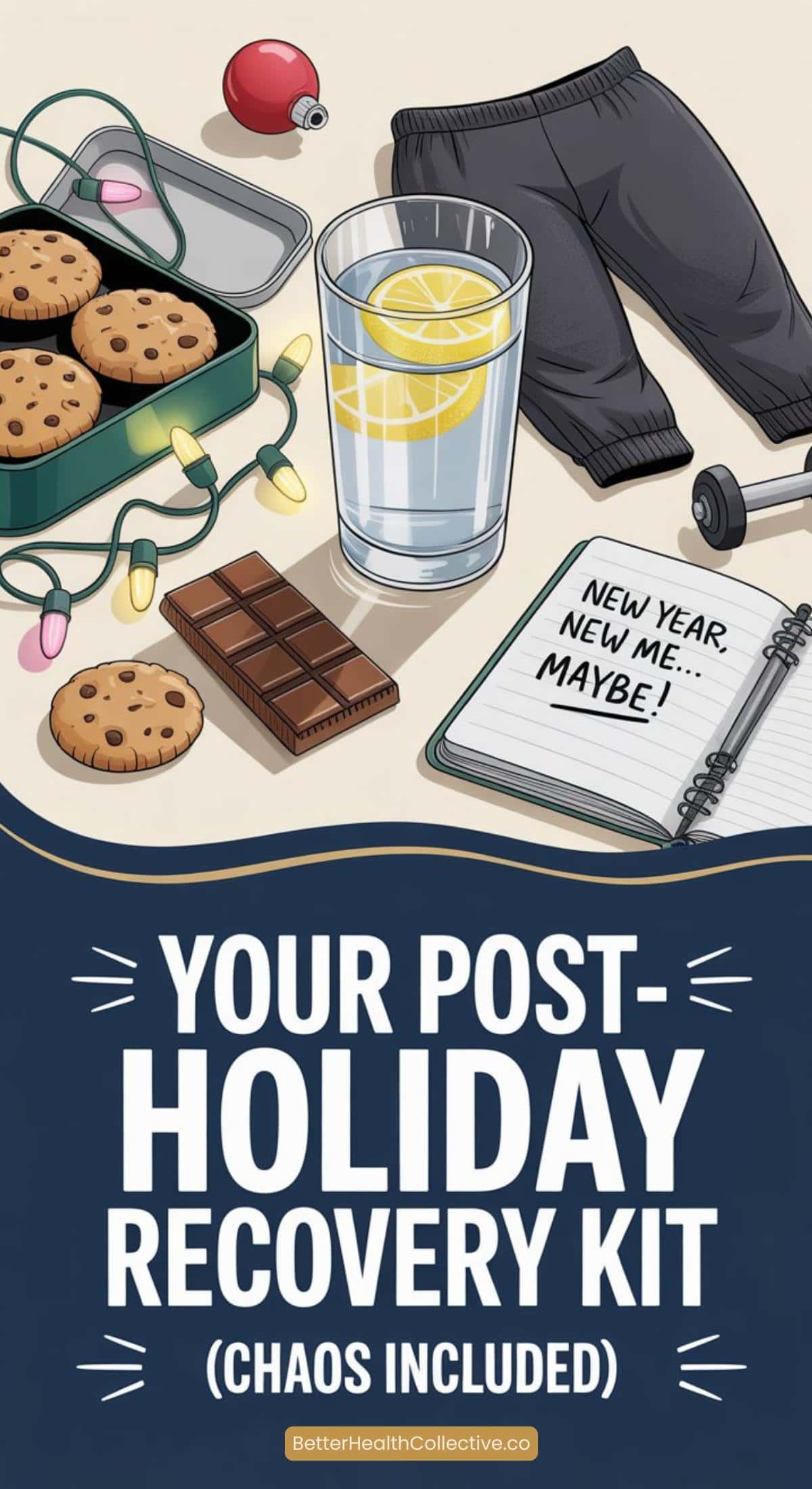 A flat lay of cookies, string lights, chocolate, lemon water, workout pants, and a "New year, new me... maybe!" notebook with the text Your Post-Holiday Recovery Kit (Chaos Included). Here's how to reset after the holiday whirlwind!.