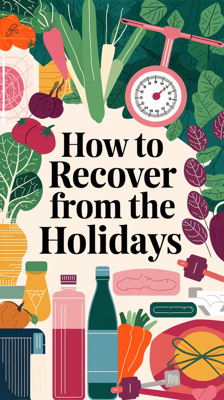 Illustration of fruits, vegetables, a scale, dumbbells, and bottles encircling the text How to Reset after the Holidays on a leafy background, symbolizing health and wellness.