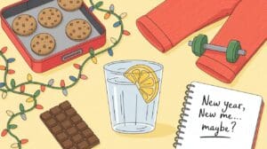 A glass of water with lemon, a chocolate bar, cookies, Christmas lights, workout pants, a dumbbell, and a notepad reading New year, New me… maybe? capture how to reset your routine on a light background.