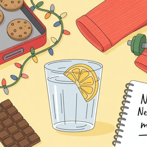 A glass of water with lemon, a chocolate bar, cookies, Christmas lights, workout pants, a dumbbell, and a notepad reading New year, New me… maybe? capture how to reset your routine on a light background.