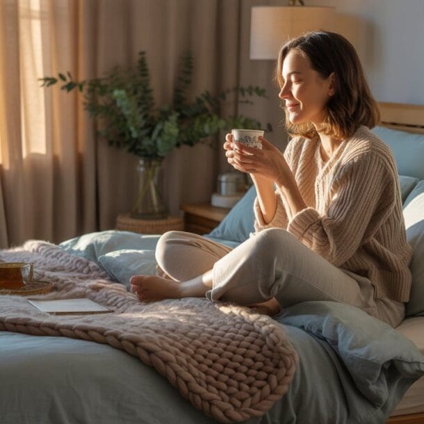 A woman sits cross-legged on a cozy, sunlit bed, holding a mug and smiling as she reflects on her new year resolutions. The room is adorned with plants and soft blankets, creating a warm, relaxing atmosphere. A book and another cup rest nearby on the bed.