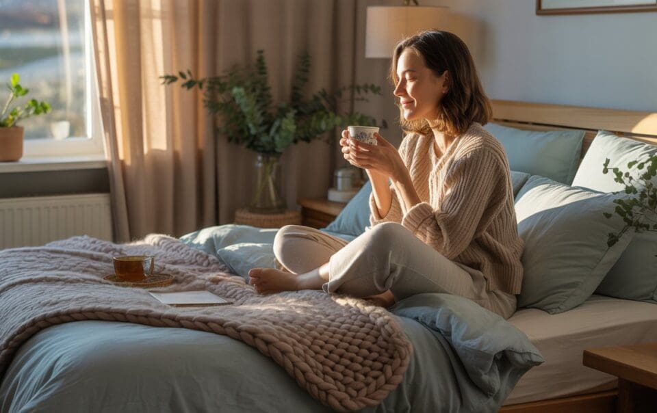 A woman sits cross-legged on a cozy, sunlit bed, holding a mug and smiling as she reflects on her new year resolutions. The room is adorned with plants and soft blankets, creating a warm, relaxing atmosphere. A book and another cup rest nearby on the bed.