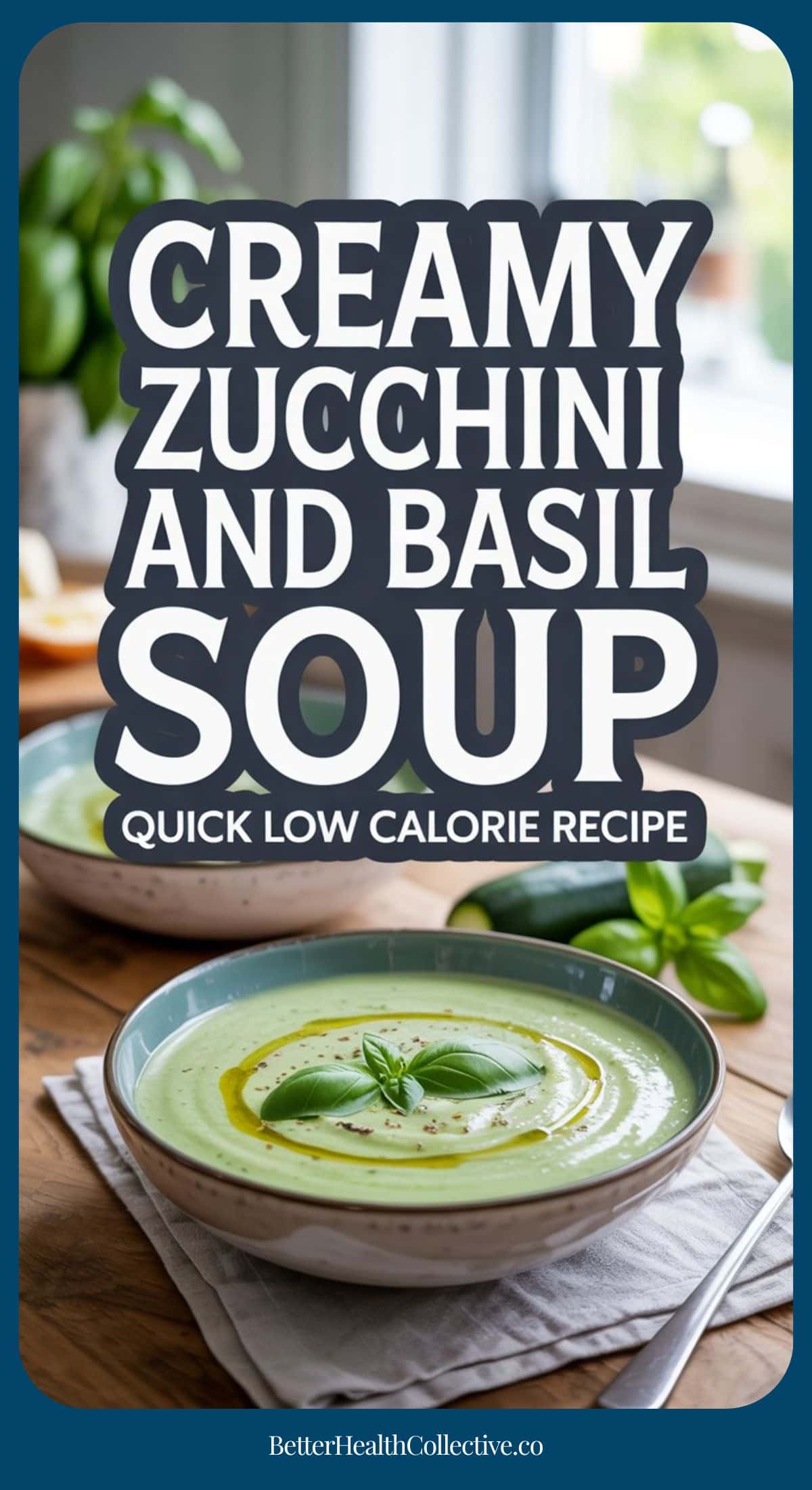 A bowl of Creamy Zucchini and Basil Soup garnished with fresh basil leaves and a drizzle of olive oil sits on a table. Text overlay reads: Creamy Zucchini and Basil Soup—your new favorite quick, low calorie recipe.