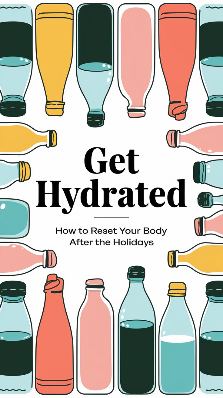 Illustration of vibrant water bottles encircling the text Get Hydrated: How to Reset Your Body After the Holidays on a pristine white backdrop.