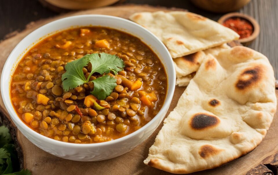 A bowl of Vegan Lentil Curry Soup garnished with cilantro is served on a wooden board with two pieces of naan bread on the side.