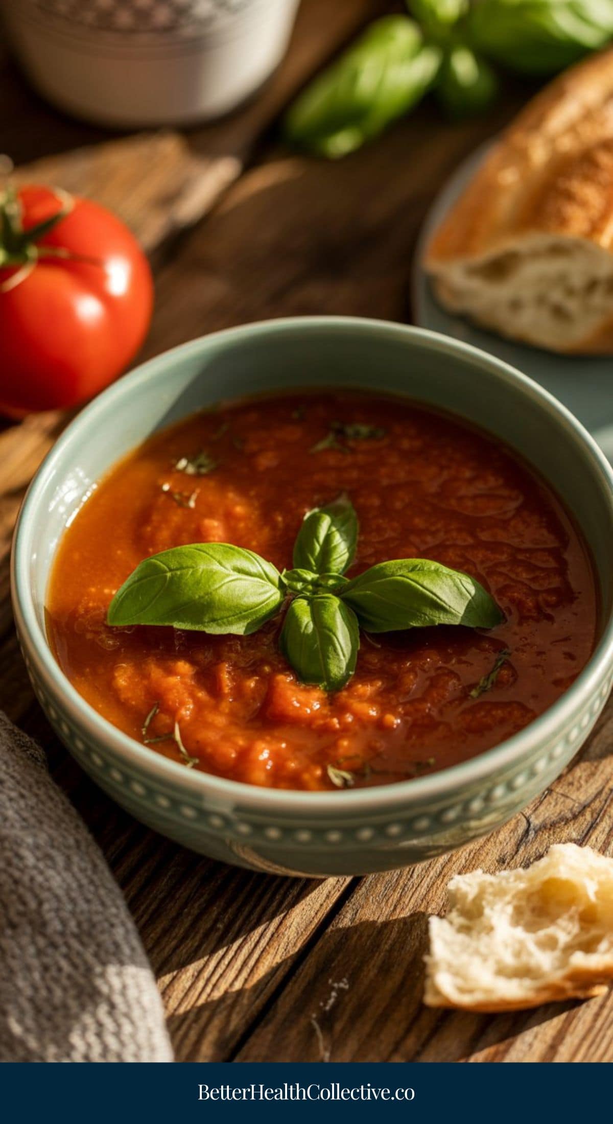 A bowl of Roasted Tomato Basil Soup, garnished with fresh basil, sits on a wooden table surrounded by a tomato, bread, and basil leaves as sunlight casts a warm glow over the scene.