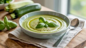 A bowl of Creamy Zucchini and Basil Soup, garnished with fresh basil leaves and cracked pepper, sits on a beige napkin with a spoon beside it. Zucchini and basil are visible in the background on a wooden table.