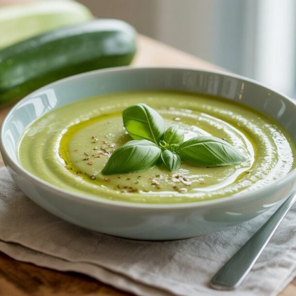 A bowl of Creamy Zucchini and Basil Soup, garnished with fresh basil leaves and cracked pepper, sits on a beige napkin with a spoon beside it. Zucchini and basil are visible in the background on a wooden table.