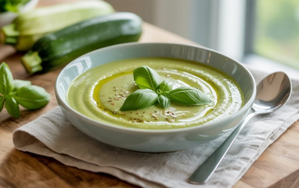 A bowl of Creamy Zucchini and Basil Soup, garnished with fresh basil leaves and cracked pepper, sits on a beige napkin with a spoon beside it. Zucchini and basil are visible in the background on a wooden table.
