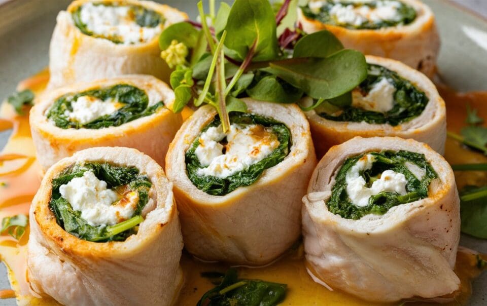Cottage Cheese and Spinach Stuffed Chicken Roll-Ups are artfully arranged in a circle on a plate. Each rolled chicken breast is garnished with fresh greens and drizzled with a light sauce, creating an elegant and delicious presentation.