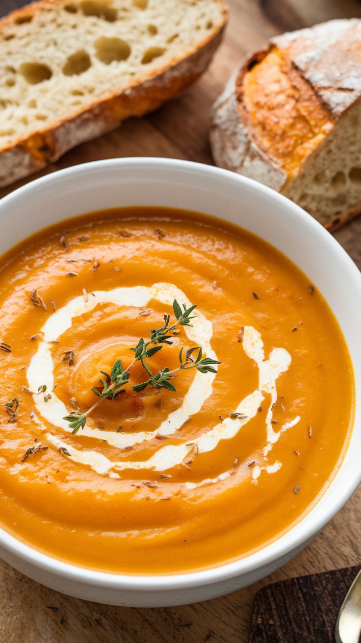 A bowl of creamy orange soup, a staple in vegetarian soup recipes, is garnished with a swirl of cream and fresh thyme. It rests on a wooden surface, with two slices of rustic bread in the background.
