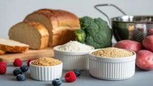 Sliced bread, broccoli, and red potatoes sit near a colander; bowls of brown sugar, white rice, and oats—examples of the best carbohydrates—are surrounded by raspberries and blueberries on a gray surface.