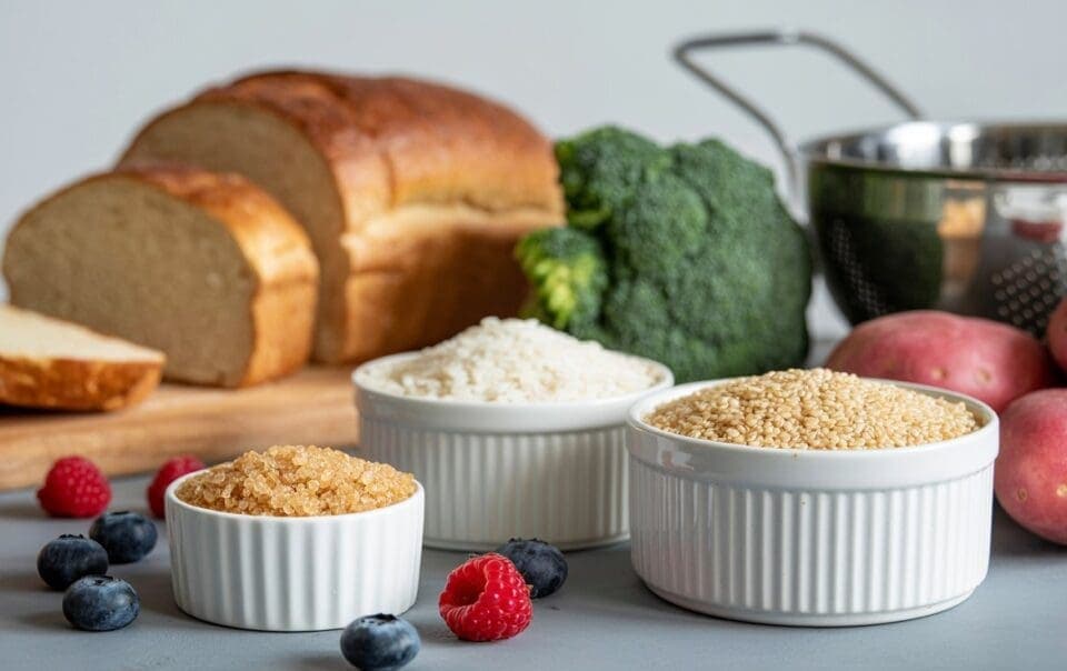 Sliced bread, broccoli, and red potatoes sit near a colander; bowls of brown sugar, white rice, and oats—examples of the best carbohydrates—are surrounded by raspberries and blueberries on a gray surface.