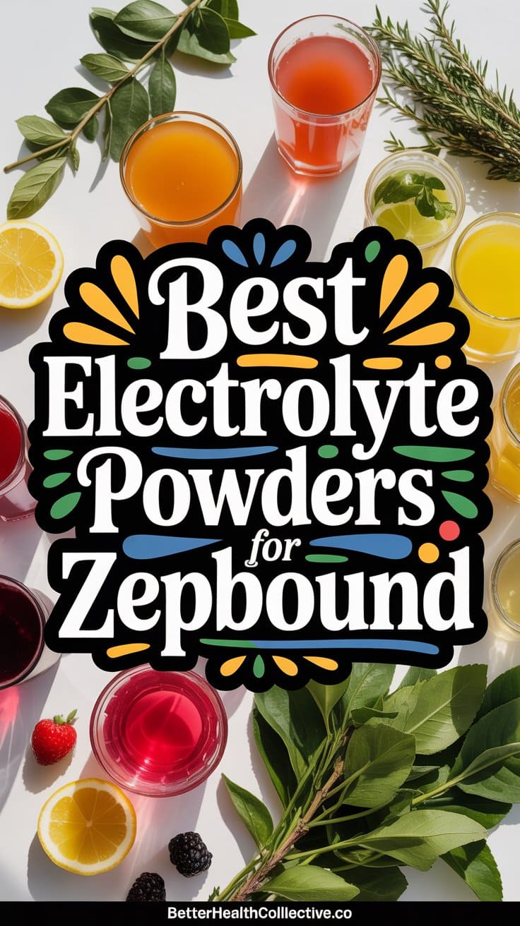 Colorful glasses of fruit drinks and fresh herbs surround a bold sign that reads, Best Electrolyte Powders Zepbound. Fresh lemon, berries, and leaves add a vibrant, healthy vibe to this best electrolyte powders zepbound image.