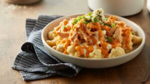 A plate of Buffalo Chicken and Cauliflower Mac & Cheese features cauliflower florets topped with shredded chicken, orange buffalo sauce, cheese crumbles, green onions, and a drizzle of white dressing beside a navy striped napkin on a wooden table.
