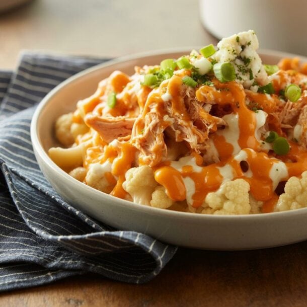 A plate of Buffalo Chicken and Cauliflower Mac & Cheese features cauliflower florets topped with shredded chicken, orange buffalo sauce, cheese crumbles, green onions, and a drizzle of white dressing beside a navy striped napkin on a wooden table.