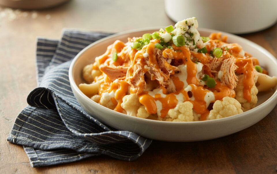 A plate of Buffalo Chicken and Cauliflower Mac & Cheese features cauliflower florets topped with shredded chicken, orange buffalo sauce, cheese crumbles, green onions, and a drizzle of white dressing beside a navy striped napkin on a wooden table.