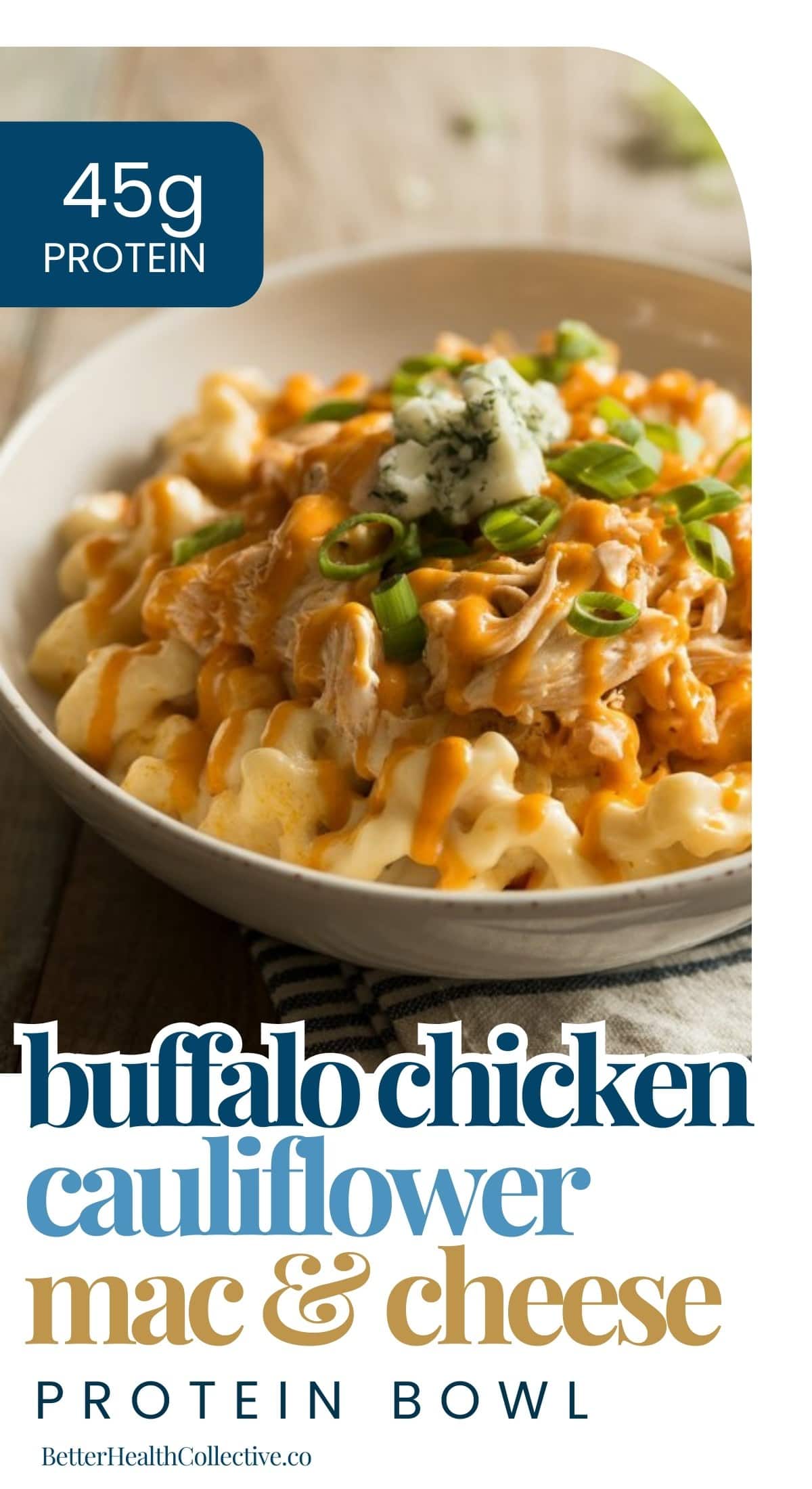 A bowl of Buffalo Chicken and Cauliflower Mac & Cheese, topped with green onions, blue cheese crumbles, and buffalo sauce. A label reads “45g protein.” Text below describes the dish as a protein bowl.