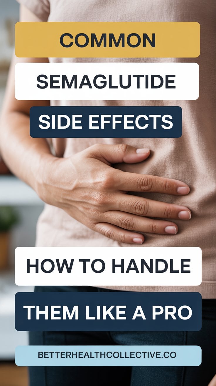 A person holds their stomach, with overlaid text: Common semaglutide side effects—how to handle them like a pro. betterhealthcollective.co.