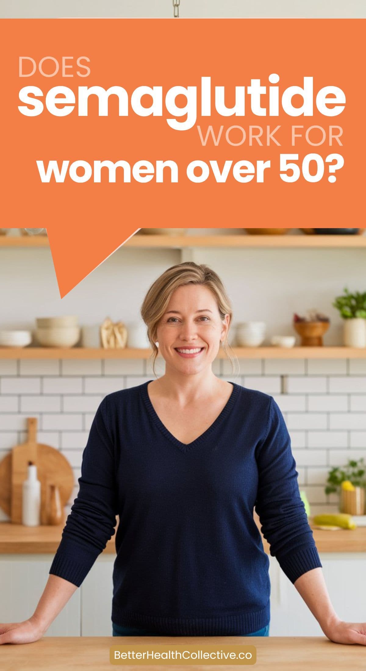 A smiling woman stands in a modern kitchen. Above her, an orange speech bubble asks, Does semaglutide support weight loss for women over 50? The text BetterHealthCollective.co appears at the bottom.