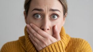 A person wearing a mustard yellow sweater looks wide-eyed with concern or shock, covering their mouth with both hands—perhaps reacting to surprising news about losing weight on Zepbound—against a plain gray background.