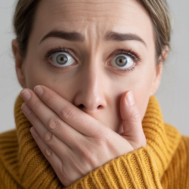 A person wearing a mustard yellow sweater looks wide-eyed with concern or shock, covering their mouth with both hands—perhaps reacting to surprising news about losing weight on Zepbound—against a plain gray background.