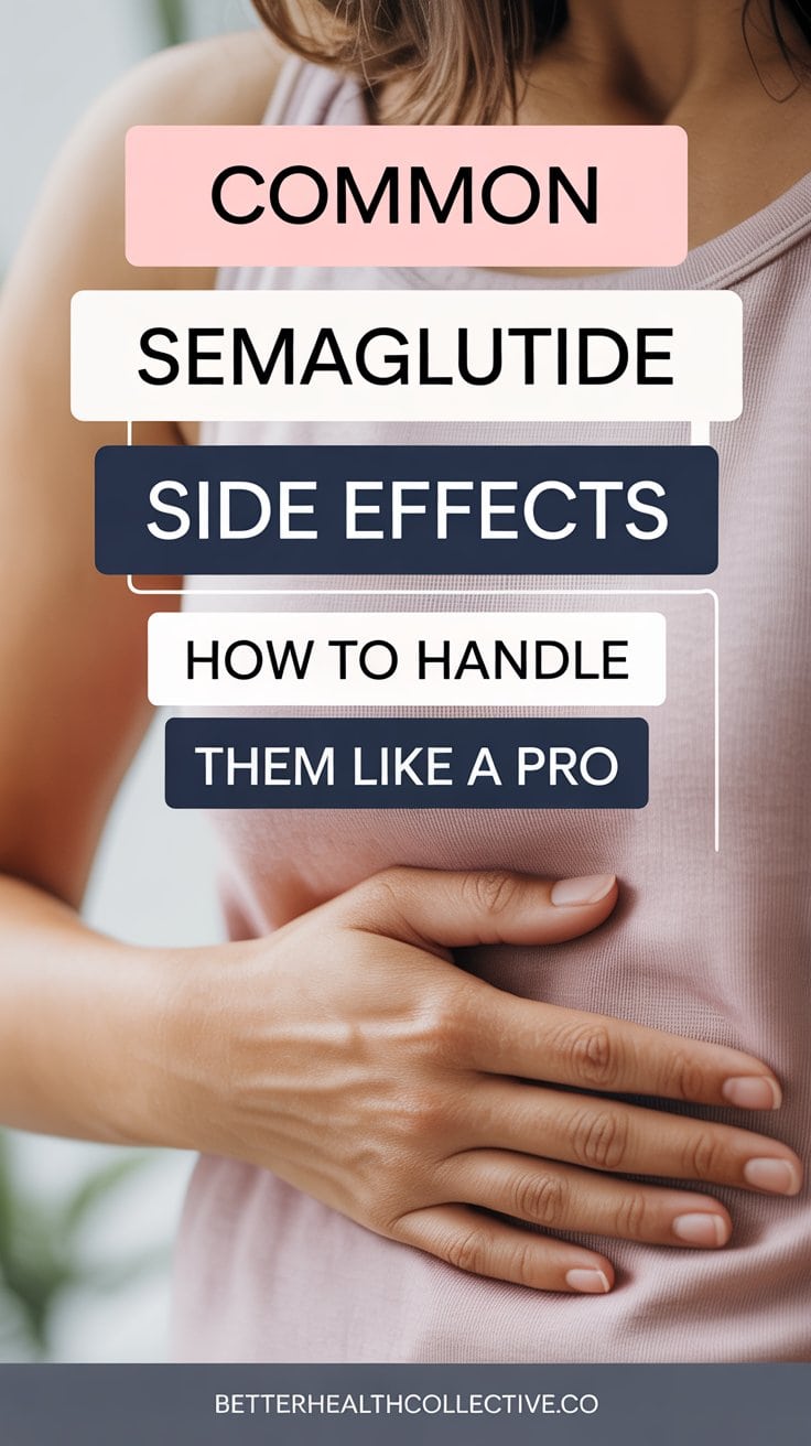 A woman in a pink tank top holds her stomach, with text overlay: “Common Semaglutide Side Effects: How to Handle Them Like a Pro.” Learn about managing semaglutide side effects at betterhealthcollective.co.