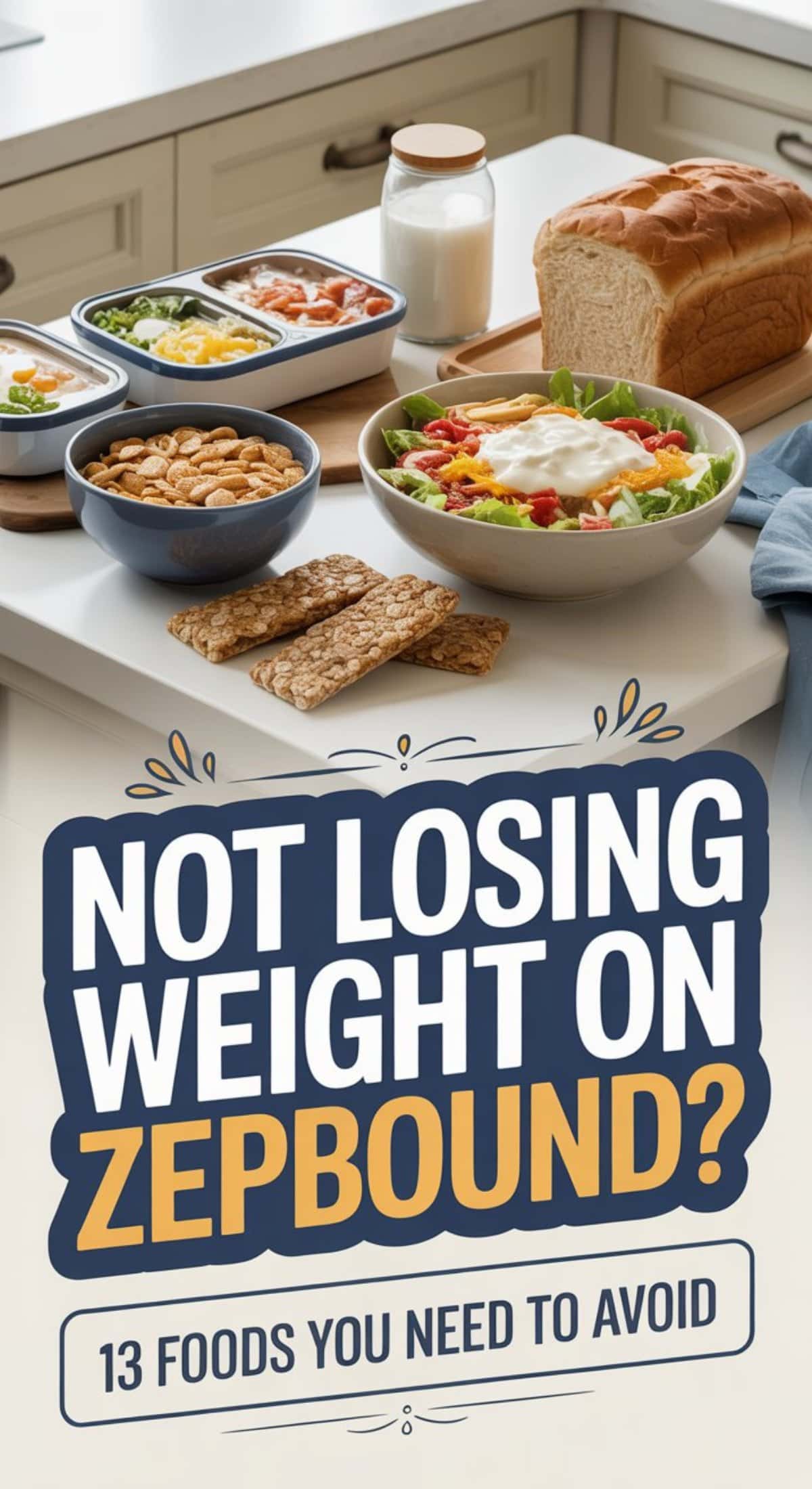 A kitchen counter displays salad, cereal, crispbread, yogurt, milk, and bread. Text overlay reads, “Losing weight on Zepbound? 13 foods you need to avoid.”.