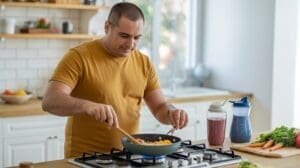 A man in a yellow t-shirt cooks vegetables in a frying pan on a stove in a bright kitchen—prepping healthy meals to increase weight loss on Wegovy. Chopped veggies, a smoothie, and a water bottle are on the counter beside him.