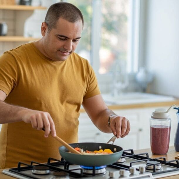 A man in a yellow t-shirt cooks vegetables in a frying pan on a stove in a bright kitchen—prepping healthy meals to increase weight loss on Wegovy. Chopped veggies, a smoothie, and a water bottle are on the counter beside him.