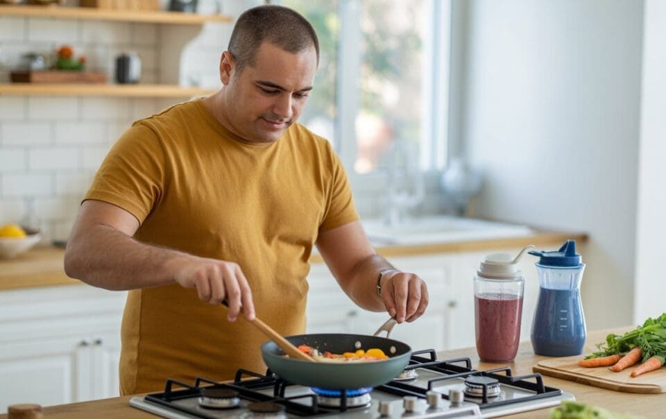 A man in a yellow t-shirt cooks vegetables in a frying pan on a stove in a bright kitchen—prepping healthy meals to increase weight loss on Wegovy. Chopped veggies, a smoothie, and a water bottle are on the counter beside him.