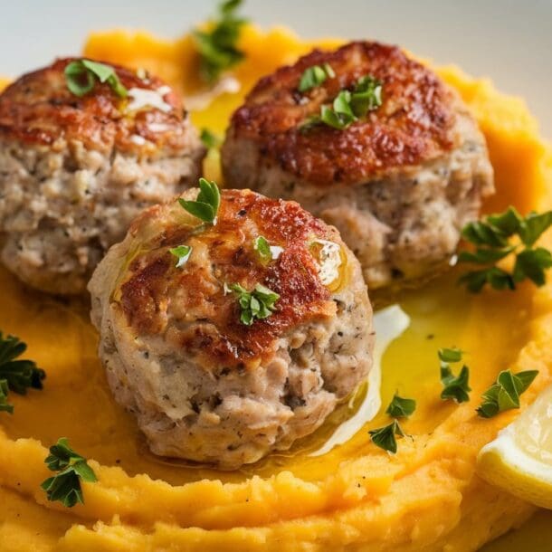 A plate of Lemon Herb Turkey Meatballs with Mashed Sweet Potato – Light and High-Protein Meal