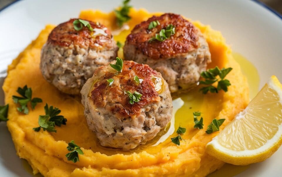 A plate of Lemon Herb Turkey Meatballs with Mashed Sweet Potato – Light and High-Protein Meal