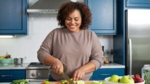 A woman smiles while chopping vegetables on a wooden cutting board in a modern kitchen with blue cabinets, showcasing healthy habits that support weight loss for women over 50.
