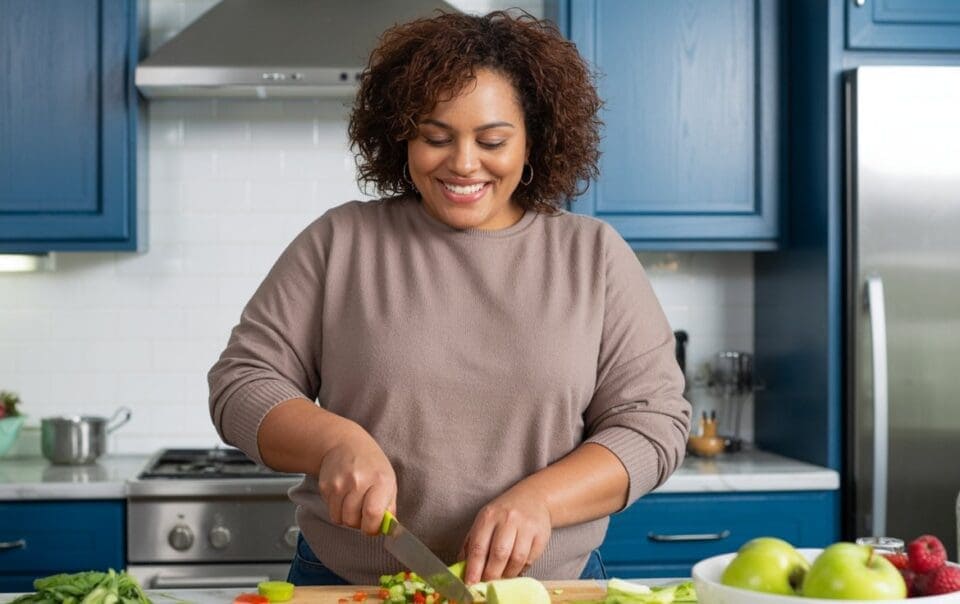 A woman smiles while chopping vegetables on a wooden cutting board in a modern kitchen with blue cabinets, showcasing healthy habits that support weight loss for women over 50.