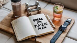 A wooden tray holds a notebook open to the words BREAK THE PLATEAU PLAN, a pen, a protein shake, two dumbbells, a smart watch, and a glass of iced drink with lime and mint—perfect if you stop losing weight on semaglutide.