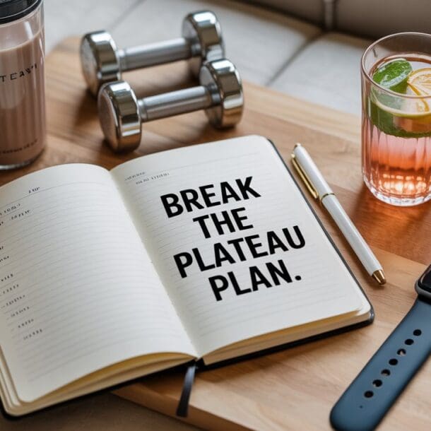A wooden tray holds a notebook open to the words BREAK THE PLATEAU PLAN, a pen, a protein shake, two dumbbells, a smart watch, and a glass of iced drink with lime and mint—perfect if you stop losing weight on semaglutide.