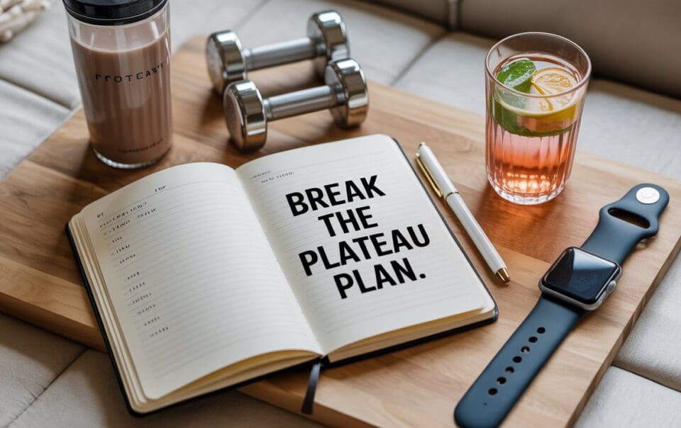 A wooden tray holds a notebook open to the words BREAK THE PLATEAU PLAN, a pen, a protein shake, two dumbbells, a smart watch, and a glass of iced drink with lime and mint—perfect if you stop losing weight on semaglutide.