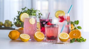 Four colorful fruit drinks in glasses with straws and garnishes, surrounded by fresh lemons, oranges, raspberries, and mint—perfect inspiration for creating refreshing mixes using the best electrolyte powders like Zepbound.