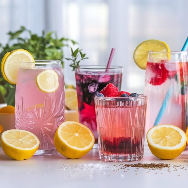 Four colorful fruit drinks in glasses with straws and garnishes, surrounded by fresh lemons, oranges, raspberries, and mint—perfect inspiration for creating refreshing mixes using the best electrolyte powders like Zepbound.