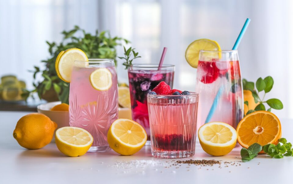 Four colorful fruit drinks in glasses with straws and garnishes, surrounded by fresh lemons, oranges, raspberries, and mint—perfect inspiration for creating refreshing mixes using the best electrolyte powders like Zepbound.