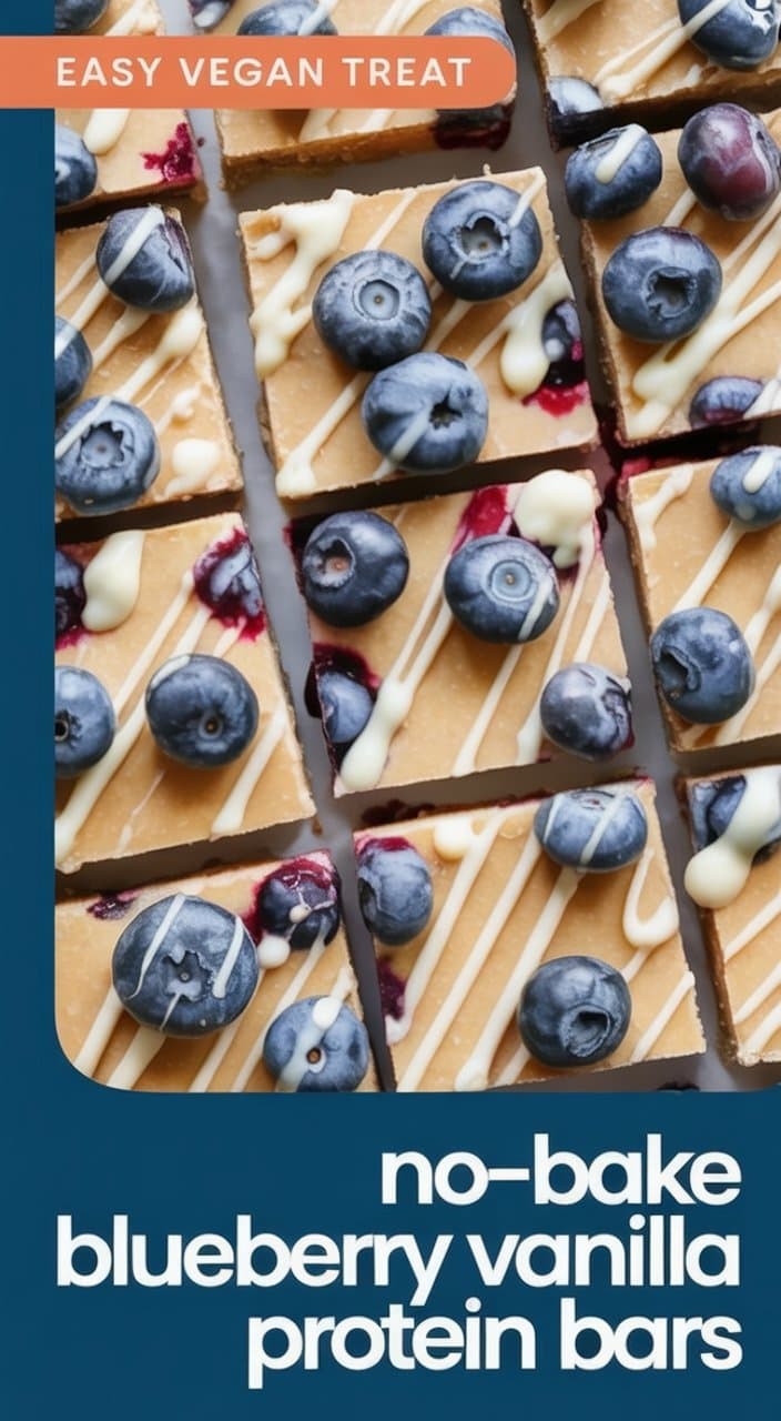 Overhead view of Blueberry Vanilla Protein Bars, topped with fresh blueberries and drizzled with white icing. Text reads “Easy vegan treat” and “no-bake blueberry vanilla protein bars.”.