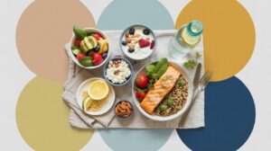 A top view of a healthy meal featuring a salmon fillet with quinoa and vegetables, a bowl of mixed fruit, yogurt with berries, cottage cheese, almonds, lemon slices, and water—perfect for mindful meal timing on Mounjaro.