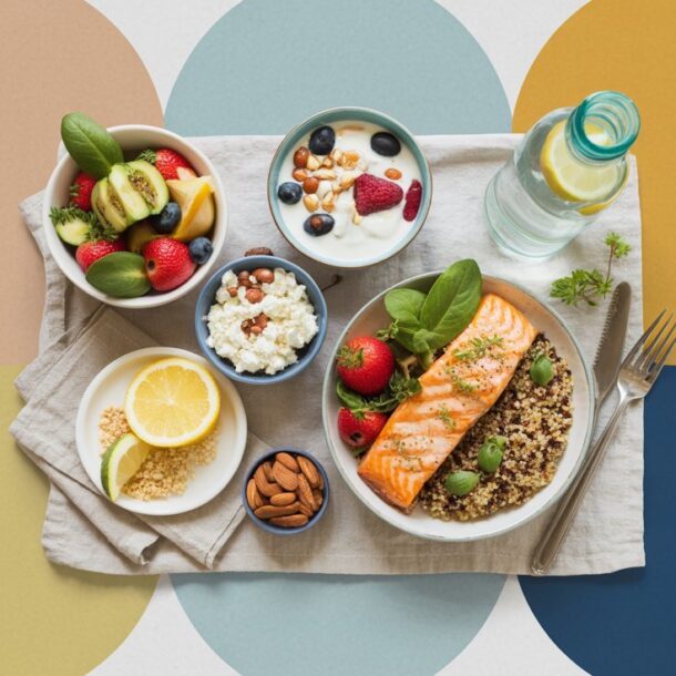 A top view of a healthy meal featuring a salmon fillet with quinoa and vegetables, a bowl of mixed fruit, yogurt with berries, cottage cheese, almonds, lemon slices, and water—perfect for mindful meal timing on Mounjaro.