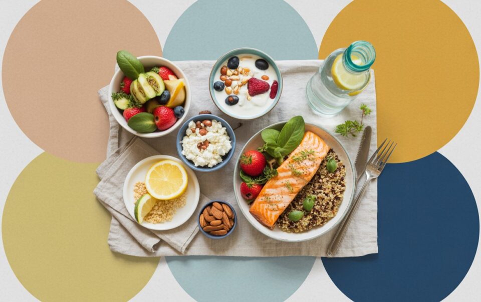 A top view of a healthy meal featuring a salmon fillet with quinoa and vegetables, a bowl of mixed fruit, yogurt with berries, cottage cheese, almonds, lemon slices, and water—perfect for mindful meal timing on Mounjaro.