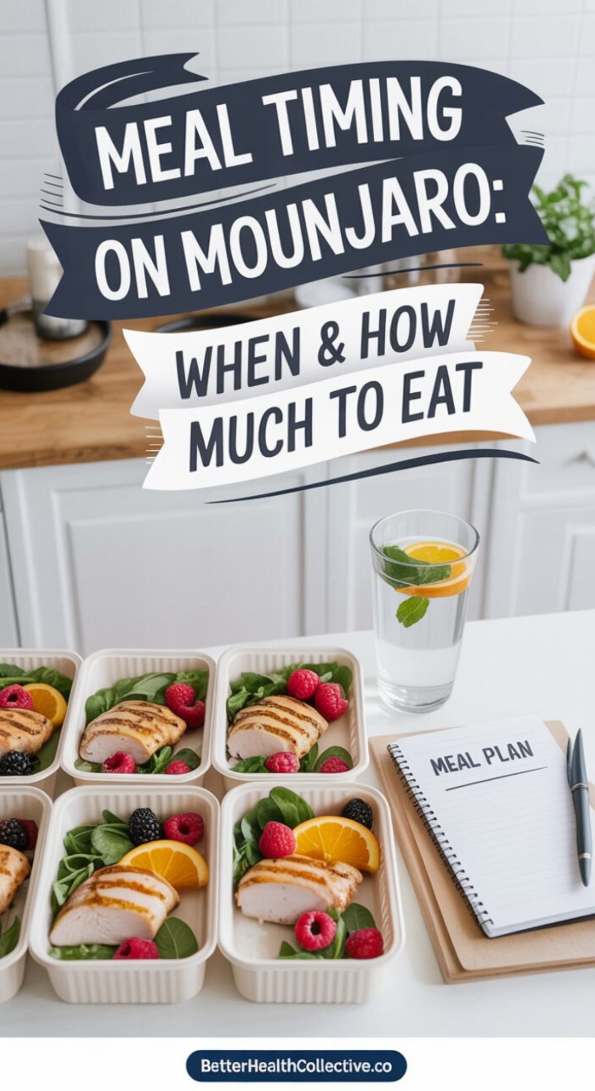 A kitchen counter with meal prep containers of chicken, berries, and greens, a glass of water with lemon and mint, and a notepad labeled Meal Plan. Text reads: Meal timing on Mounjaro—discover when and how much to eat for best results.