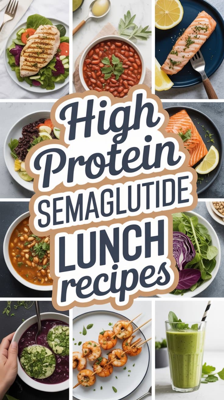 A collage of high-protein lunch dishes, like grilled chicken, beans, salmon, shrimp, hearty vegetable soups, a green smoothie, and salads. Center text reads: High Protein Lunch Semaglutide Recipes.